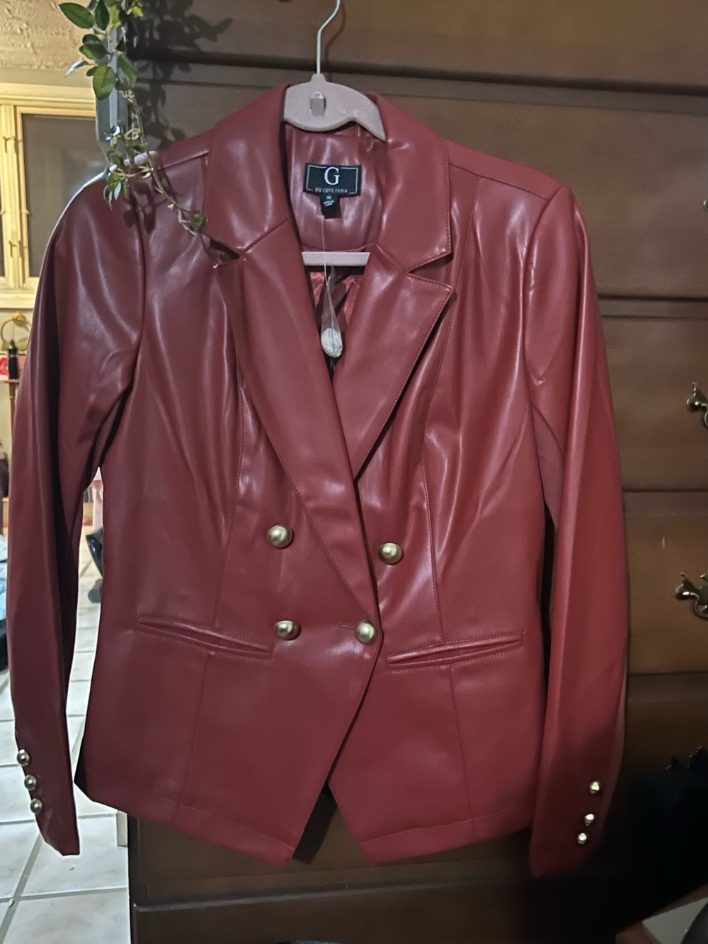G by Giuliana Burgundy Faux Leather Double-Breasted Blazer